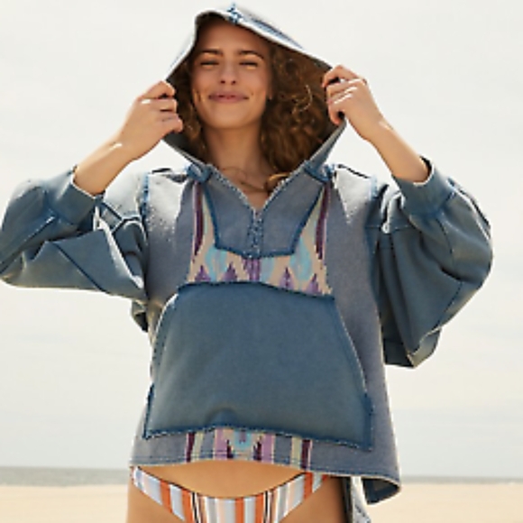 Free People Tops - FREE PEOPLE Blue Hooded Baja Pullover poncho Like New Oversized  Hippie Boho